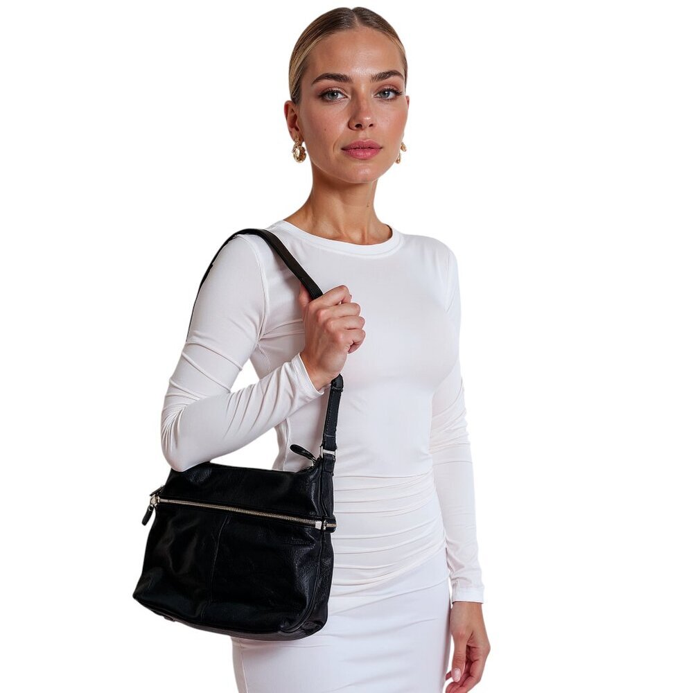 Rudsak Black Leather Shoulder Bag – Women's Medium Crossbody Satchel with Zip De